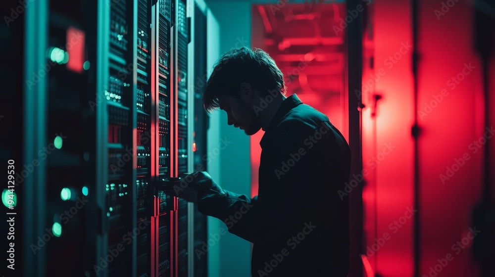 Poster Silhouette of a technician working on servers in a data center with contrasting blue and red lighting. Represents business and IT operations