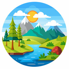 A Cartoon Mountain Landscape with a River Winding Through a Green Valley