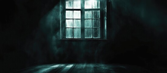 Abstract horror background for halloween. Gloomy scary scary window with ghostly light and shadows in a dark black room in the attic, corridor or basement in an abandoned house in the forest