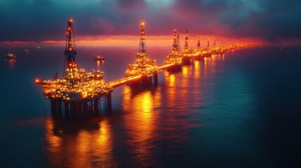 Fototapeta premium Aerial View of Offshore Oil Rigs at Sunset