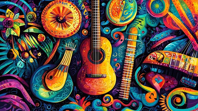 A vibrant vector illustration of traditional Latin American musical instruments, surrounded by swirling patterns and cultural symbols. 