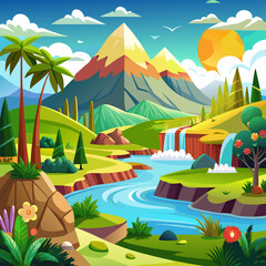 A Lush Mountain Landscape with a Winding River and Waterfalls