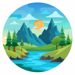 Mountainous Landscape with River and Sun