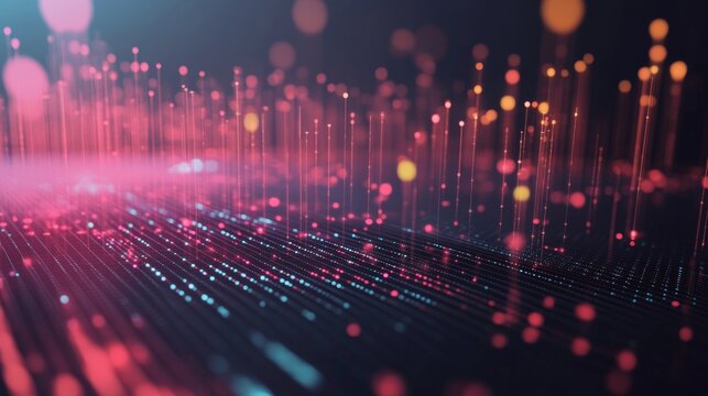 A 3D scatter plot with floating data points and a grid background, highlighting key business data and correlations with a high-tech look.