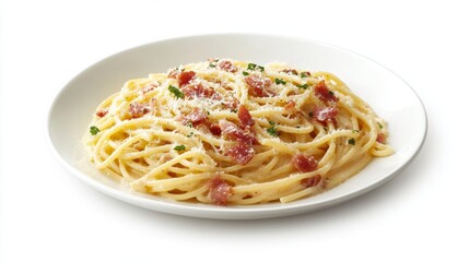 A beautifully arranged plate of spaghetti carbonara, with creamy sauce, crispy pancetta, and grated Parmesan, set against a white background.