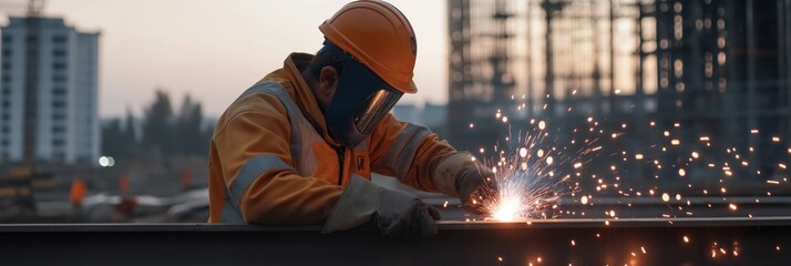 Worker in orange safety jacket and hard hat, welding steel structure, creating bright sparks, on an urban site.