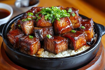 A dish of Moo Hong, Phuket-style braised pork belly in a sweet soy sauce, served with steamed rice