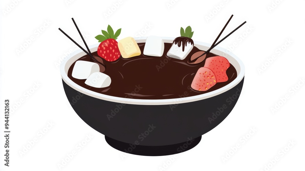 Poster a bowl of chocolate fondue with various dipping items like fruit and marshmallows, beautifully prese