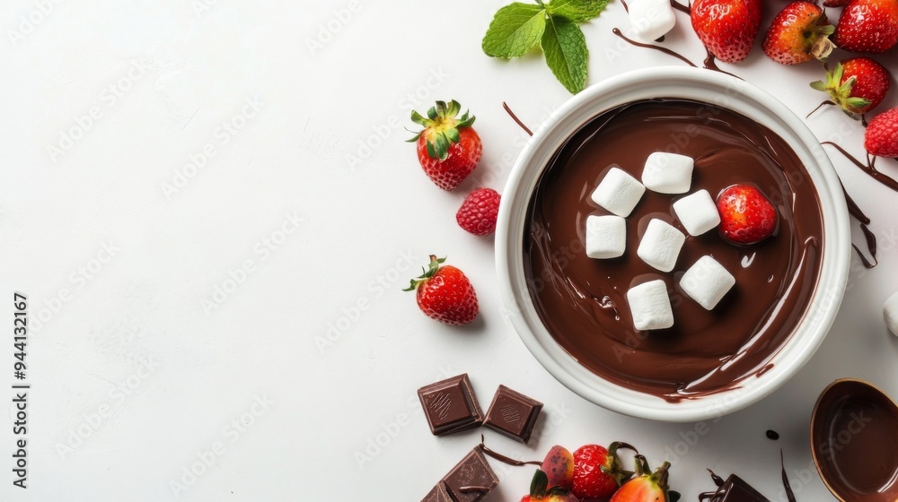 Poster a bowl of chocolate fondue with various dipping items like fruit and marshmallows, beautifully prese