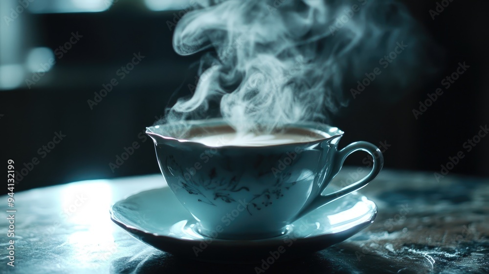 Poster Steaming Cup of Tea in a Porcelain Cup and Saucer