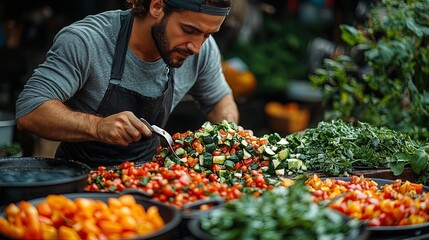 Chef preparing a salad with fresh vegetables at the market
