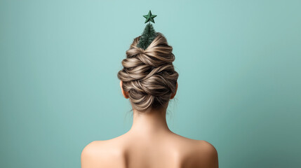 Back view of a woman with blonde hair styled into an intricate updo resembling a Christmas tree, adorned with a green star topper against a plain green background.