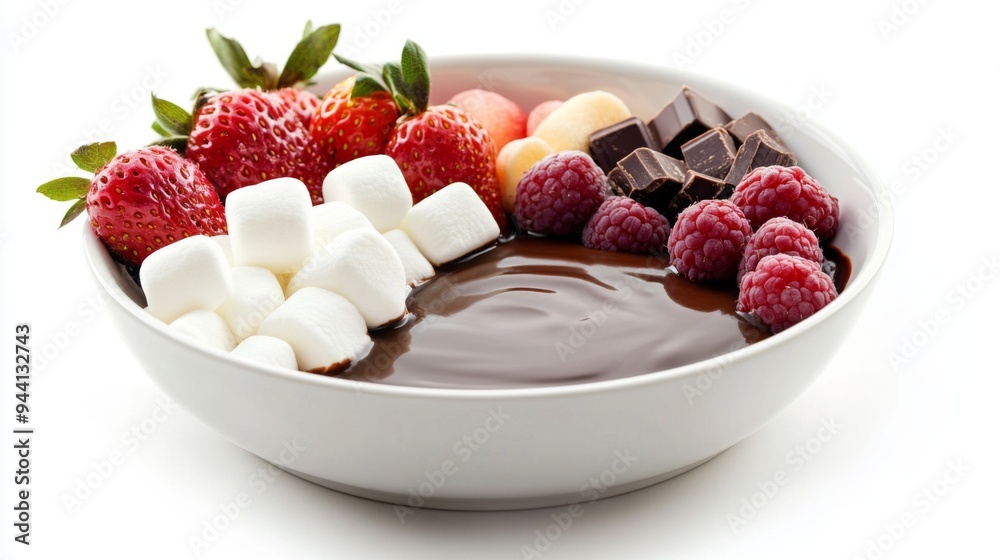 Poster a bowl of chocolate fondue with various dipping items like fruit and marshmallows, beautifully prese