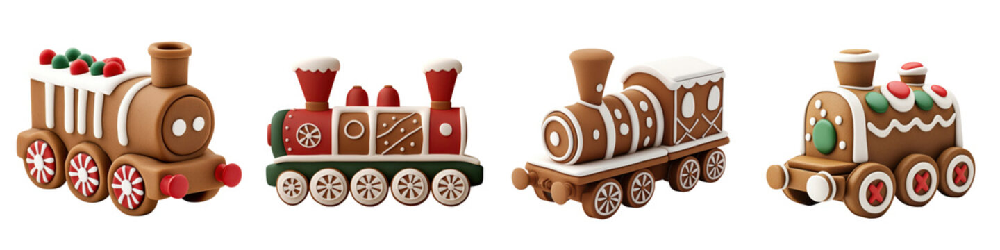 Charming gingerbread train sets decorated with icing and candy, perfect for holiday celebrations and festive baking inspiration.