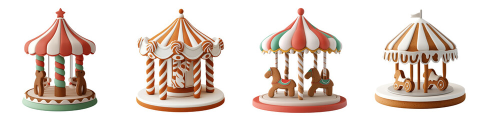 Colorful carousel models made of gingerbread, showcasing festive designs and intricate details, perfect for holiday themes and decorations.