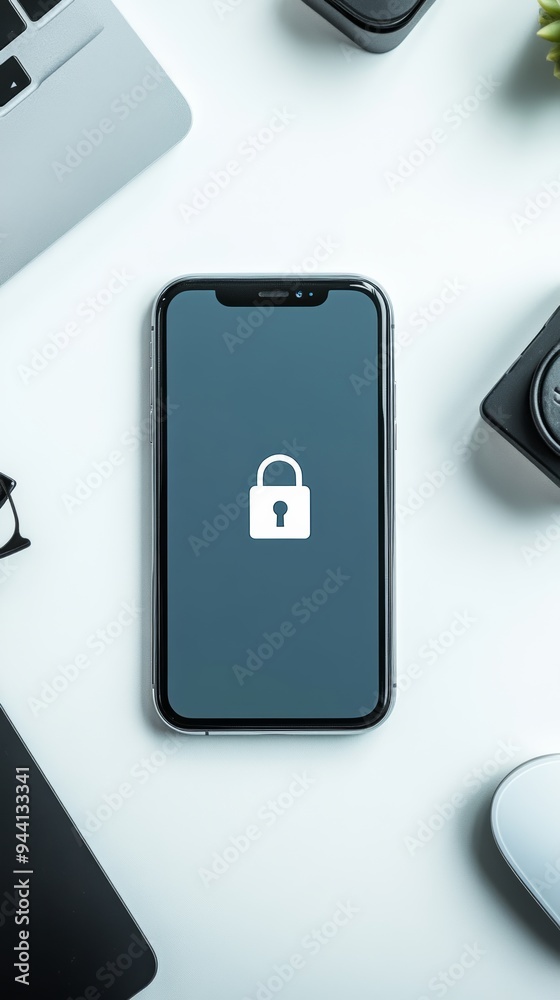 Aufkleber Secure mobile phone with a lock icon on screen surrounded by tech gadgets. Focus on digital security and encrypted communication.