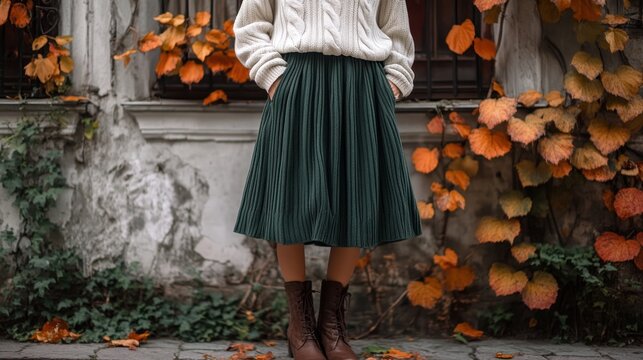 fall fashion style, chic lady donning a fall look with a cozy cable-knit sweater, midi skirt, and ankle boots blending comfort and style seamlessly