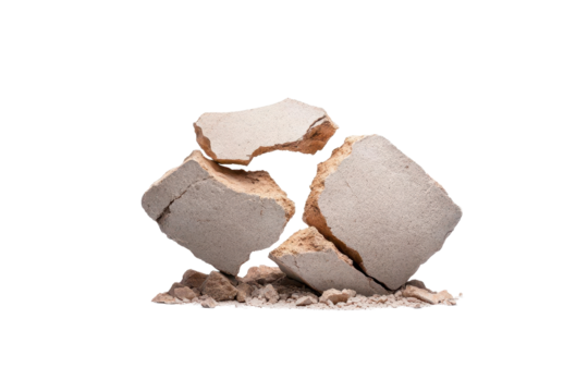A broken piece of concrete, showcasing rough edges and a natural dust base, suitable for construction themes and structural designs.