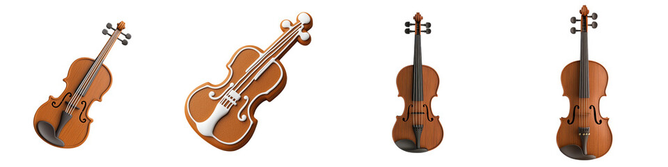 Obraz premium Four artistic representations of a violin, showcasing different angles and details of this elegant musical instrument.
