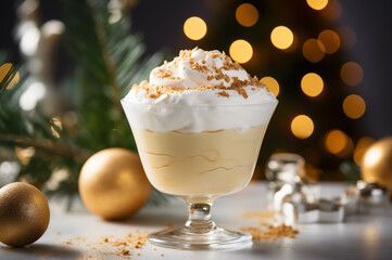 Festive Eggnog Pudding with Whipped Cream.   Festive Layered dessert in a clear glass dish, consists of creamy, light-yellow custard topped with a generous amount of whipped cream.