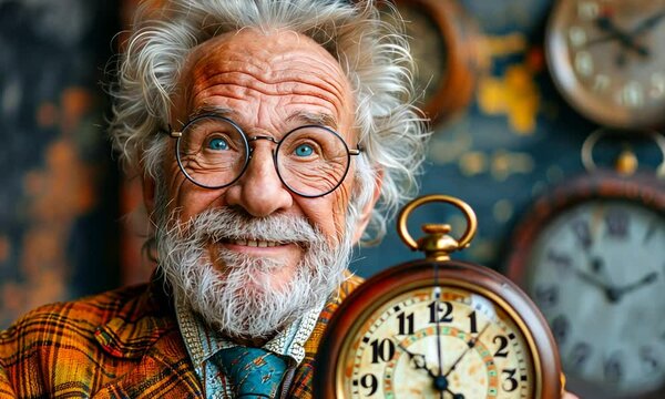 An elderly gentleman with vibrant white hair and a warm smile showcases a beautifully crafted clock, surrounded by various timepieces on a rustic backdrop. His joyful demeanor brings life to the room