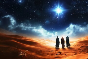 Fototapeta premium The three wise men walking through the desert following the star to Bethlehem