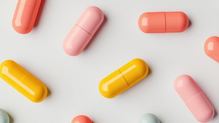 Set of different colored capsules, arranged in a pattern, minimalistic design, on a futuristic white surface, subtle reflections, soft focus