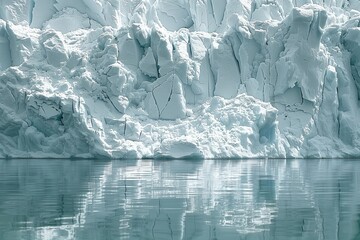 White glacier, sun melts ice in clear blue arctic water. Shows effects of climate change on glaciers. Global warming concept, disappearing glaciers, with copy space