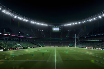 A large stadium with bright lights and green grass, full of cheering fans at night Generative AI