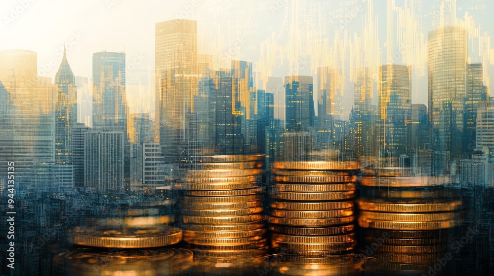 Poster blended image of financial charts and a cityscape with rows of coins, illustrating the connection be