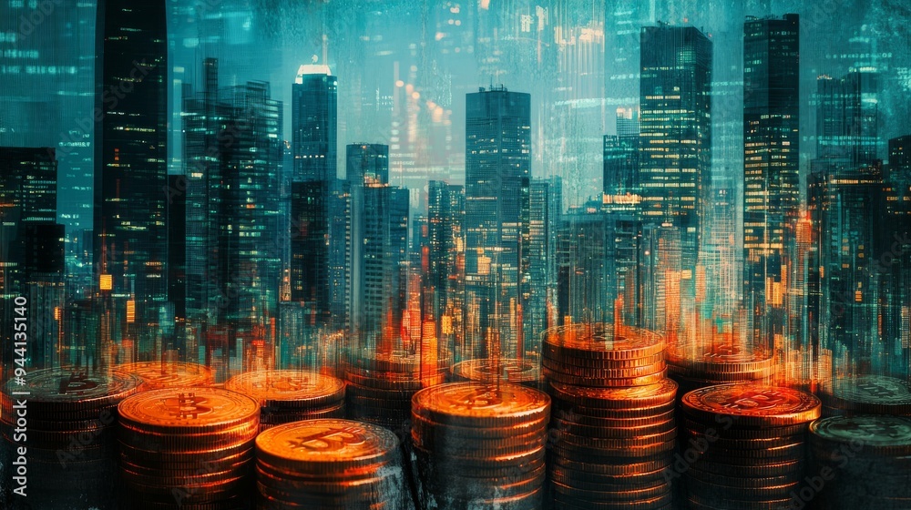 Aufkleber blended image of financial charts and a cityscape with rows of coins, illustrating the connection be