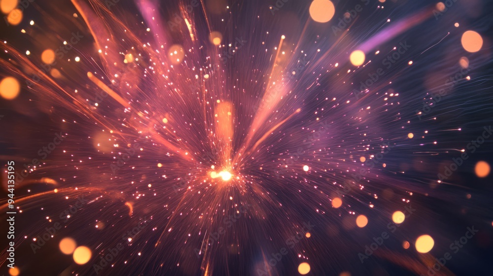Poster dynamic fireworks explosion with radiant trails and bursts