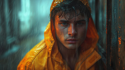 portrait of a young boy in a yellow raincoat crying in the rain