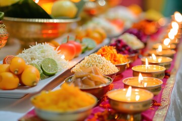 Naklejka premium Colorful indian dishes on table decorated with flowers for celebration. Traditional indian cuisine and festive culture. Aromatic spices, vibrant colors, appetizing atmosphere of Indian New Year