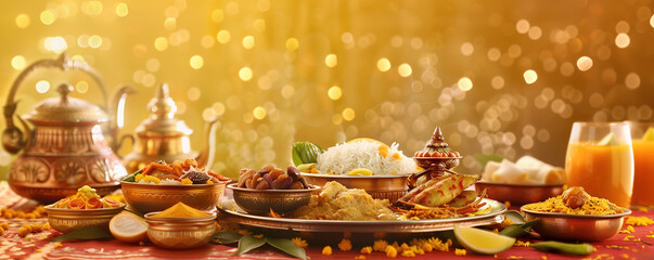 Colorful indian dishes on table decorated with flowers for celebration. Traditional indian cuisine and festive culture, banner, copy space. Aromatic, appetizing atmosphere of Indian New Year Putandu