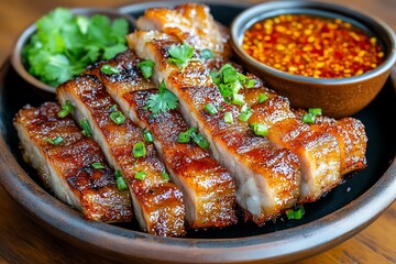 A dish of Moo Tod Krob, crispy pork belly slices served with a spicy, tangy dipping sauce
