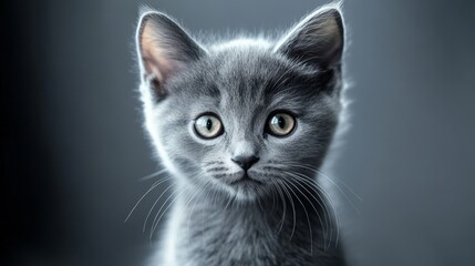 Obraz premium Gray kitten with delicate features and bright eyes against a monochromatic background in shades of gray, giving a sleek and modern look