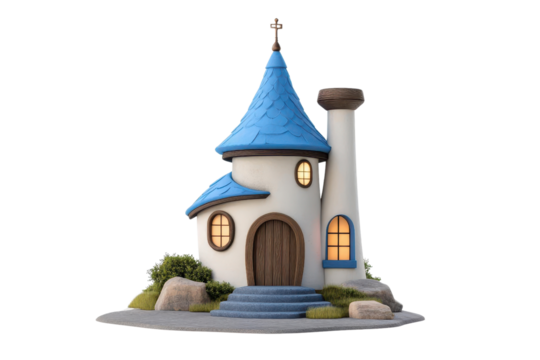 A charming animated house with a blue roof, glowing windows, and a quaint design, perfect for whimsical illustrations and projects.