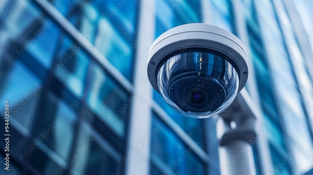 Poster a cctv camera installed on the exterior of a commercial building, capturing a wide-angle view of the