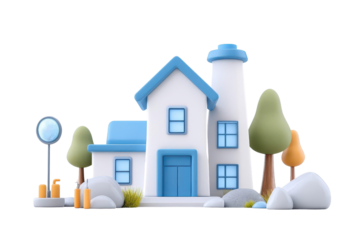 A charming cartoon house with a blue roof, surrounded by greenery and rocks, perfect for illustrations and design projects.