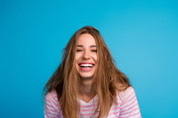 Photo of lovely cute woman wear trendy pink clothes isolated on blue color background