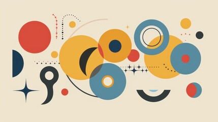 Obraz premium Colorful abstract design featuring various geometric shapes such as circles, ovals, and stars, with a color palette consisting of red, yellow, blue, black, and white