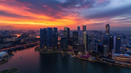Fototapeta premium Aerial view of Singapore business district and city at twilight in Singapor