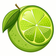 A Green Lime Fruit Cut in Half with a Leaf