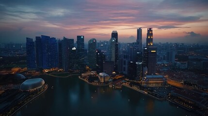Fototapeta premium Aerial view of Singapore business district and city at twilight in Singapore, Asia