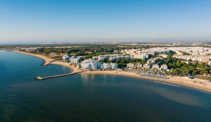 Aerial View of Coastal Town with Beach and Buildings