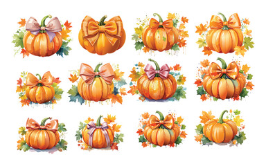 watercolor Pumpkin Coquette Bow vector illustration
