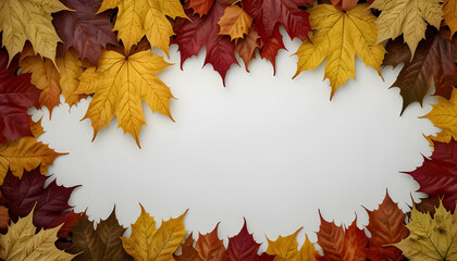 Fototapeta premium Maple leaves border frame and white background. Generative AI