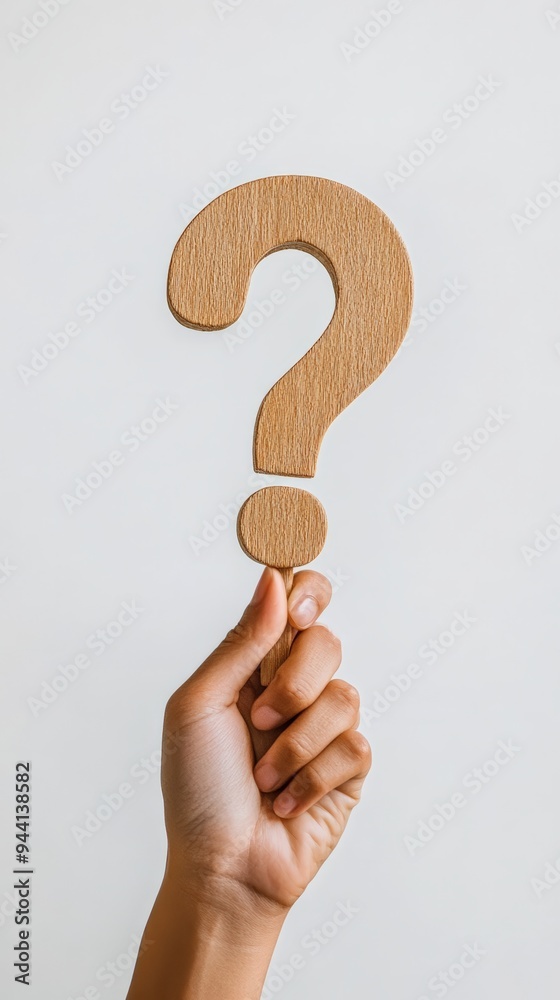 Poster hand holding a wooden question mark on a plain white background. minimalistic and symbolic image rep