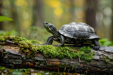 Obraz premium Turtle on a Moss Covered Branch